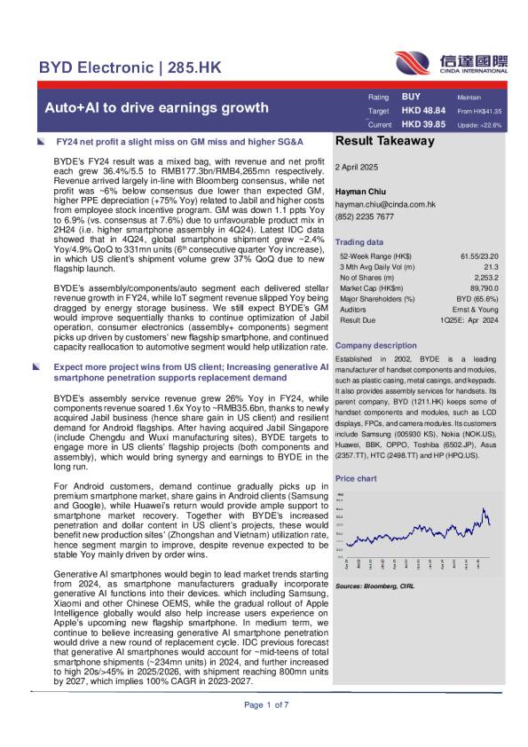 汽车与人工智能将推动收益增长。