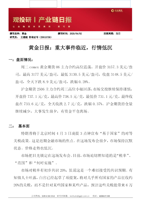 黄金日报：重大事件临近，行情低沉