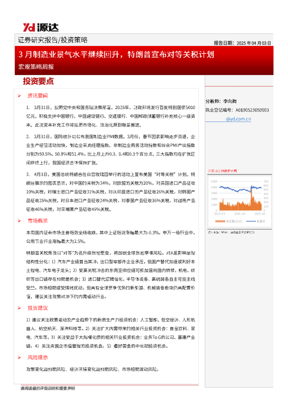宏观策略周报：3月制造业景气水平继续回升，特朗普宣布对等关税计划