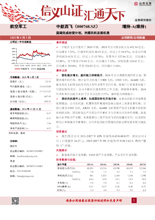 圆满完成经营计划，把握民机发展机遇
