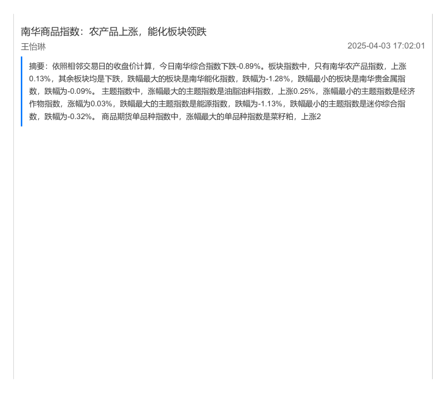 南华商品指数：农产品上涨，能化板块领跌