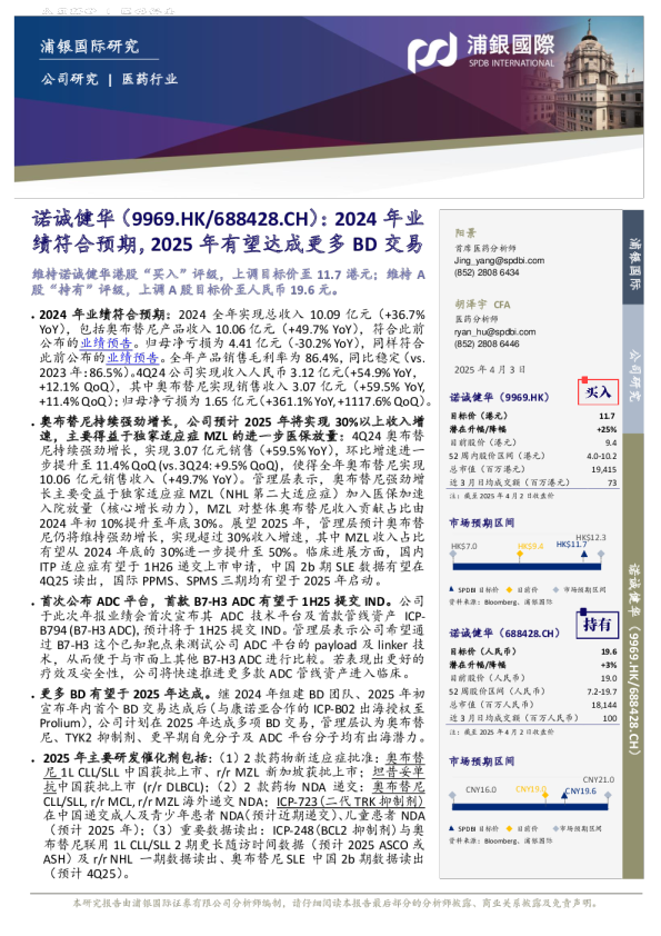 2024年业绩符合预期,2025年有望达成更多BD交易