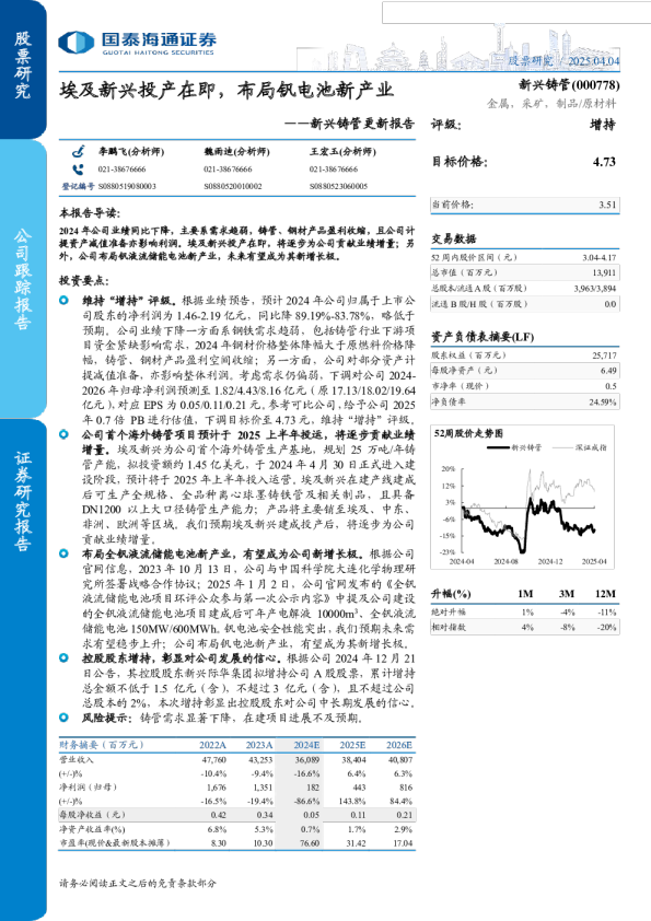 埃及新兴投产在即,布局钒电池新产业-更新报告
