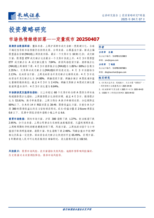 定量观市：市场热情继续回落