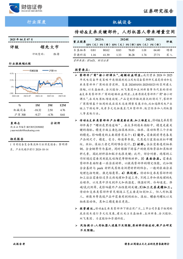 传动&支承关键部件，人形机器人带来增量空间