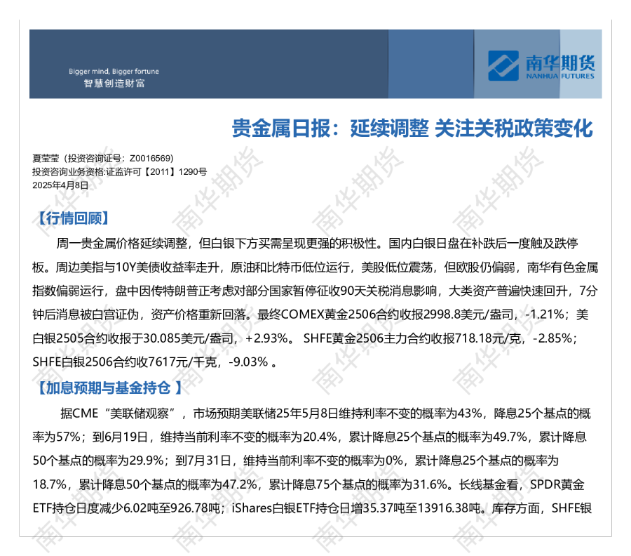 贵金属日报：延续调整 关注关税政策变化