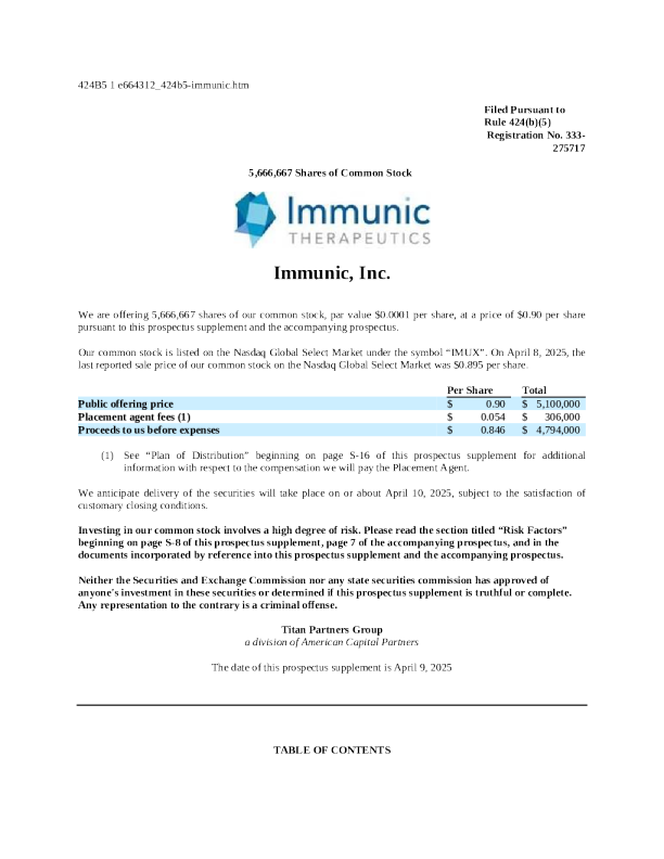 Immunic Inc. 美股招股说明书（2025-04-09版）
