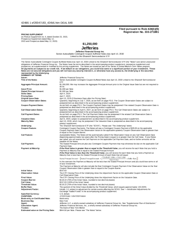 Jefferies Financial Group Inc美股招股说明书(2025-04-09版)