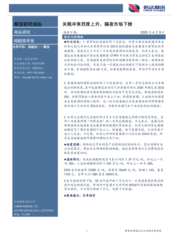碳酸锂早报：关税冲突烈度上升，隔夜市场下挫