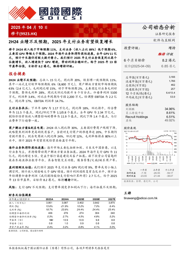 2H24业绩不及预期，2025年支付业务有望恢复增长