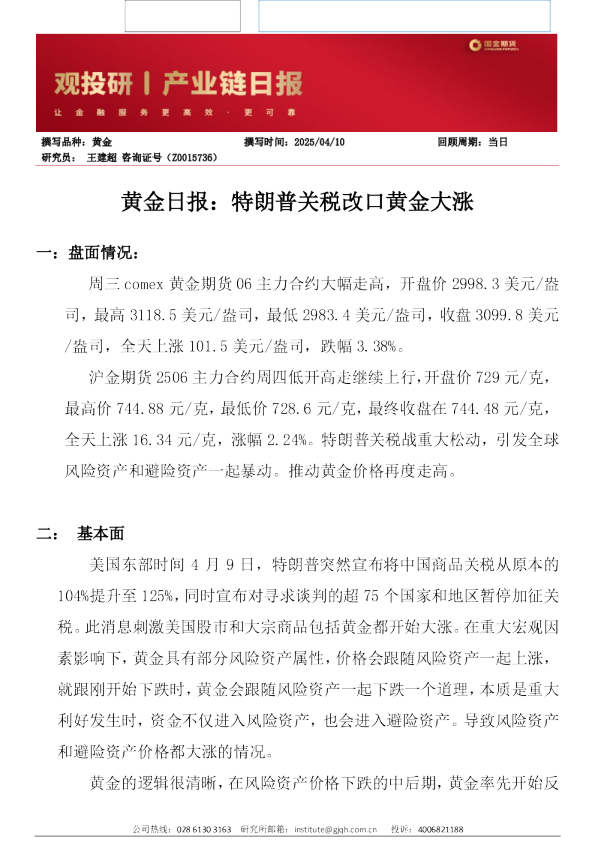 黄金日报：特朗普关税改口，黄金大涨