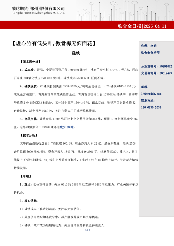 融达期货铁合金日报-虚心竹有低头叶，傲骨梅无仰面花