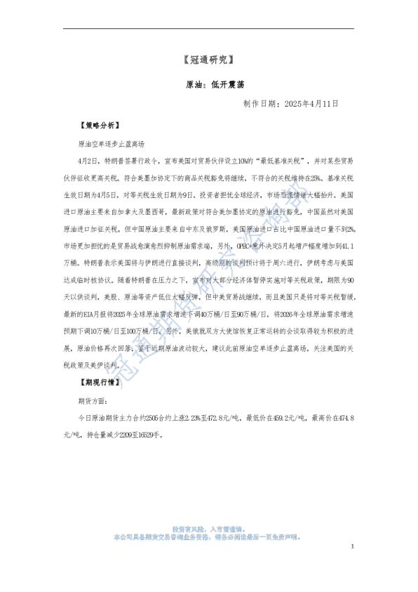 原油：低开震荡