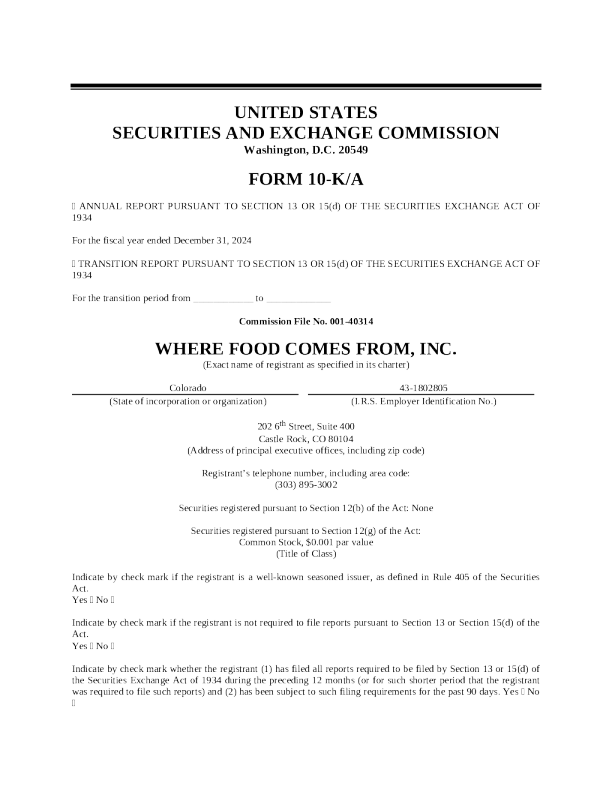 Where Food Comes From Inc 2024年度报告