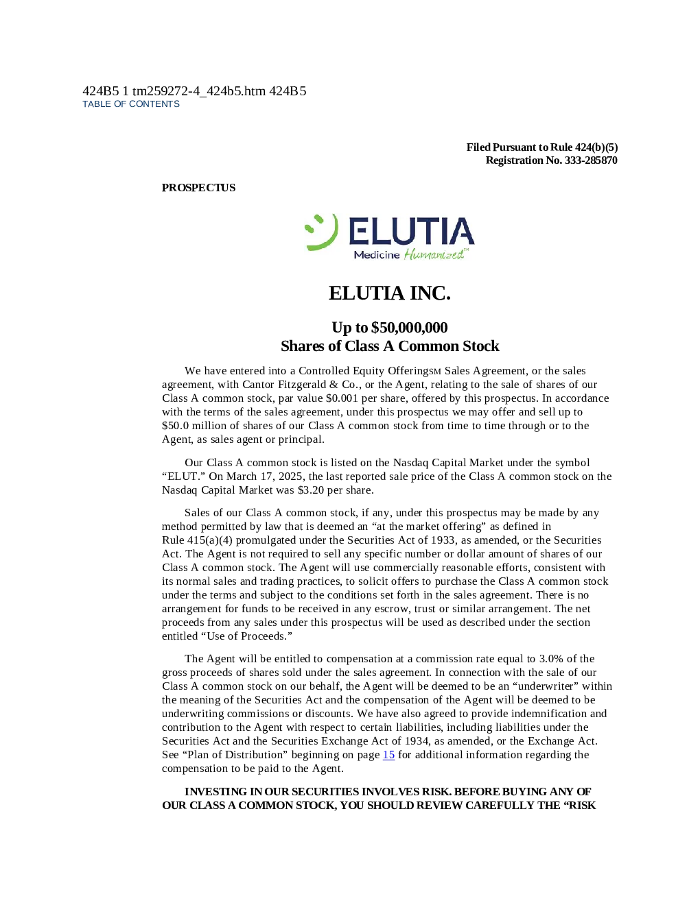 Elutia Inc. - 美国 股票 招股说明书（2025年4月11日 版）