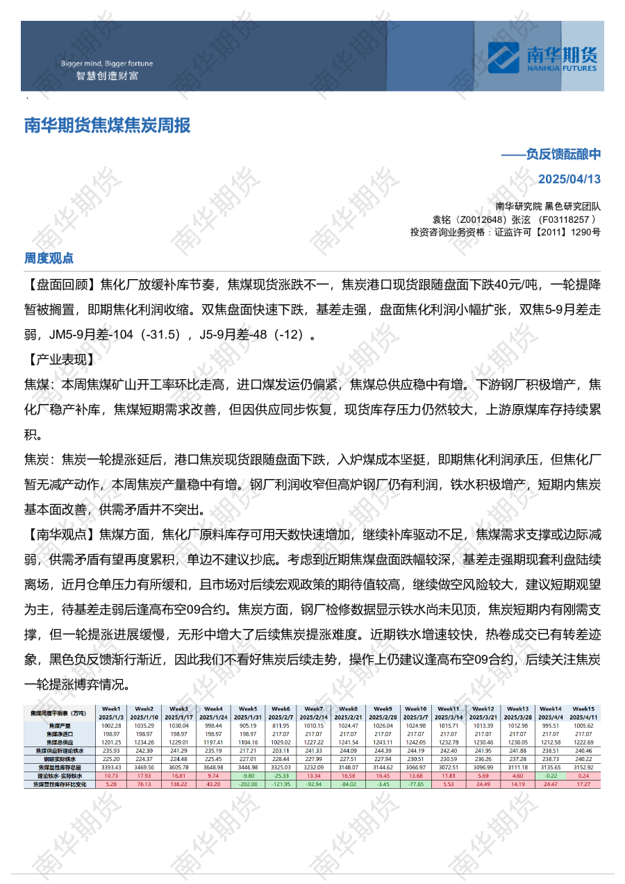 焦煤焦炭周报：负反馈酝酿中