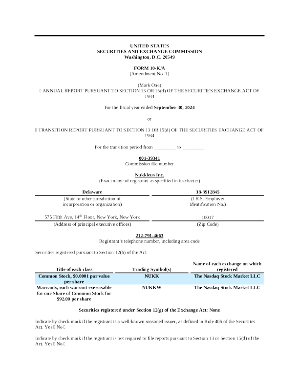 Nukkleus Inc 2024年度报告