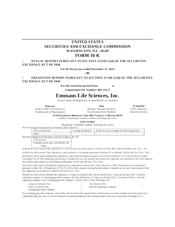 Emmaus Life Sciences Inc 2024年度报告