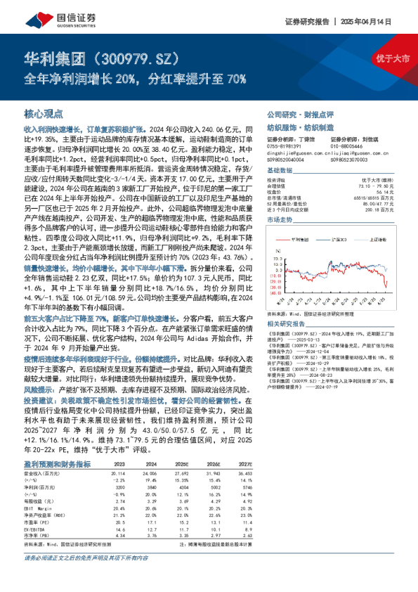 全年净利润增长20%,分红率提升至70%