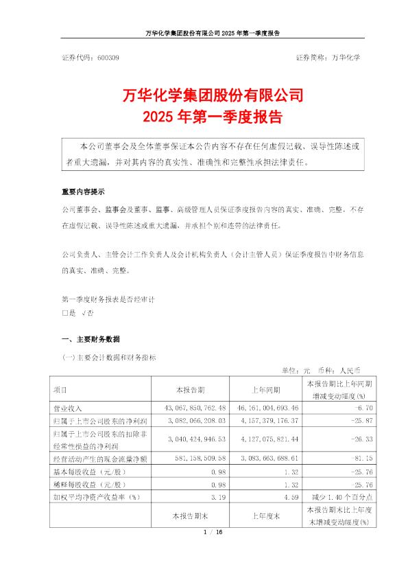 万华化学：万华化学2025年一季度报告