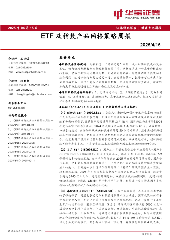 ETF及指数产品网格策略周报