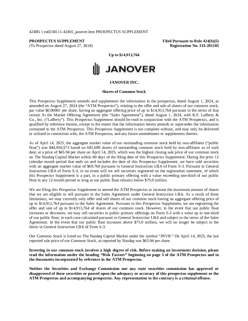 Janover Inc.美国招股说明书（2025年4月15日版）