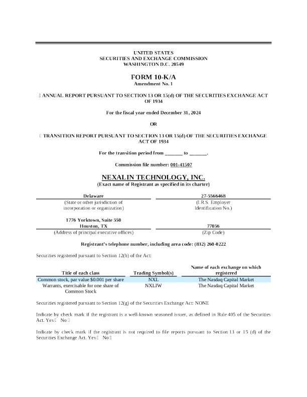 Nexalin Technology Inc 2024年度报告