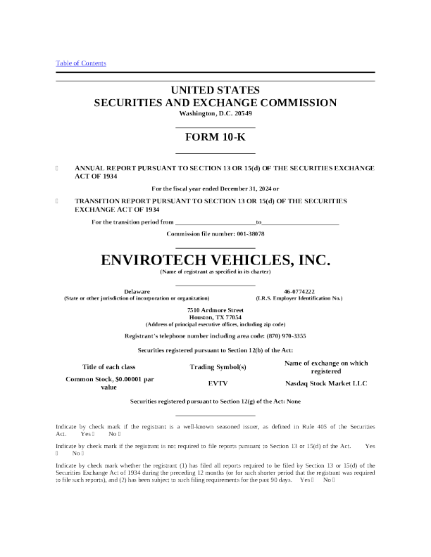 Envirotech Vehicles Inc 2024年度报告