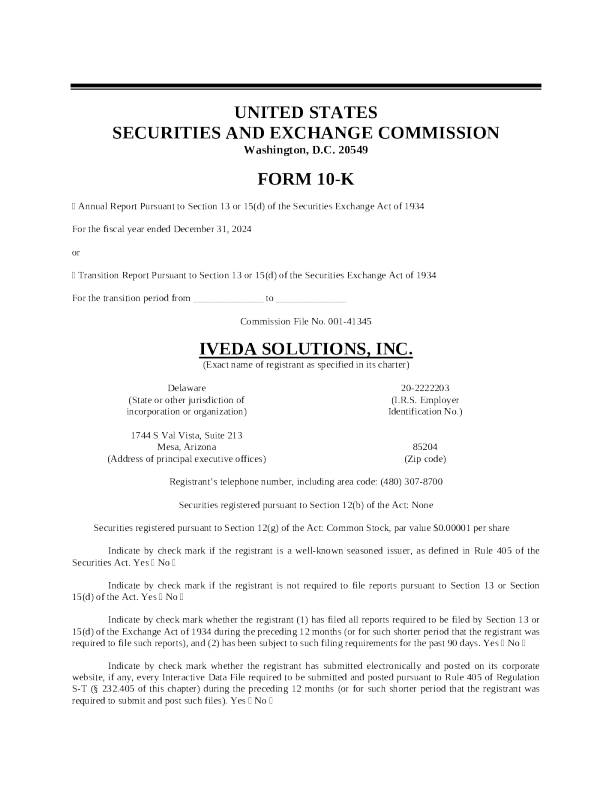 Iveda Solutions Inc 2024年度报告