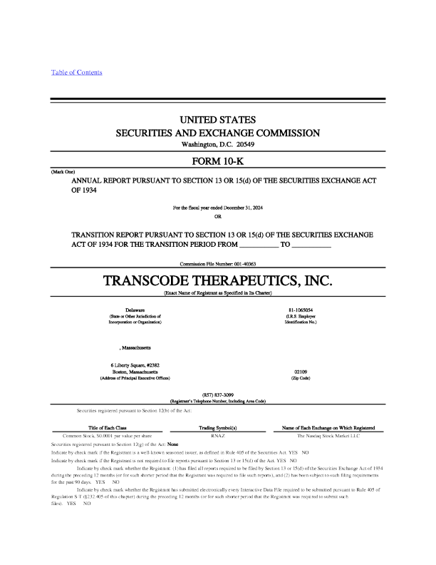 TransCode Therapeutics Inc 2024年度报告