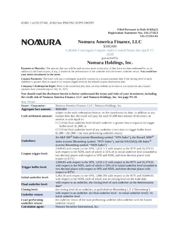 野村控股美股招股说明书(2025-04-15版)