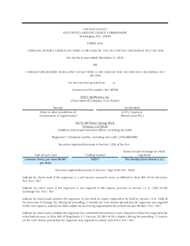 ABVC BioPharma Inc 2024年度报告