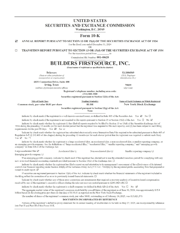 Builders FirstSource Inc 2024年度报告