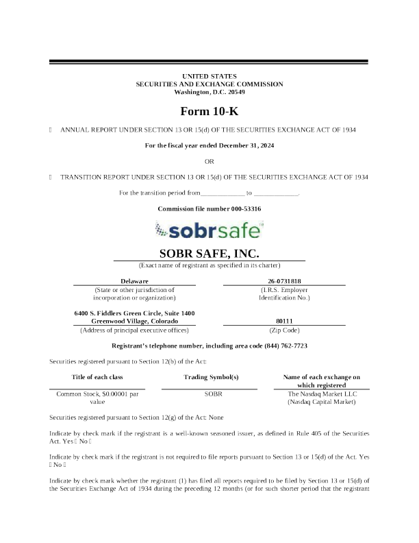 SOBR Safe Inc 2024年度报告