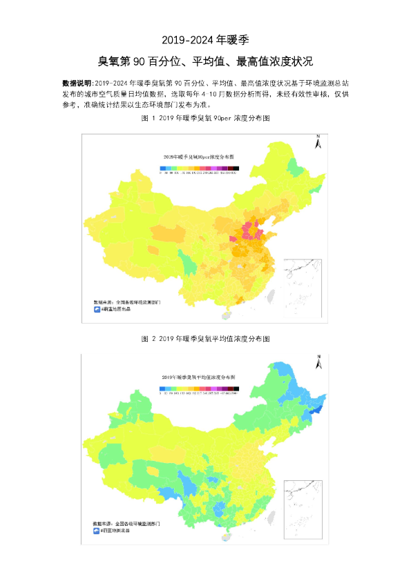 2019-2024年暖季臭氧第90百分位、平均值、最高值浓度状况