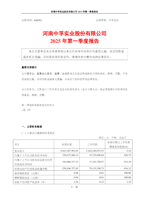 中孚实业:河南中孚实业股份有限公司公司2025年第一季度报告