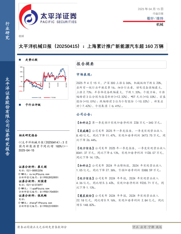机械行业日报：上海累计推广新能源汽车超160万辆