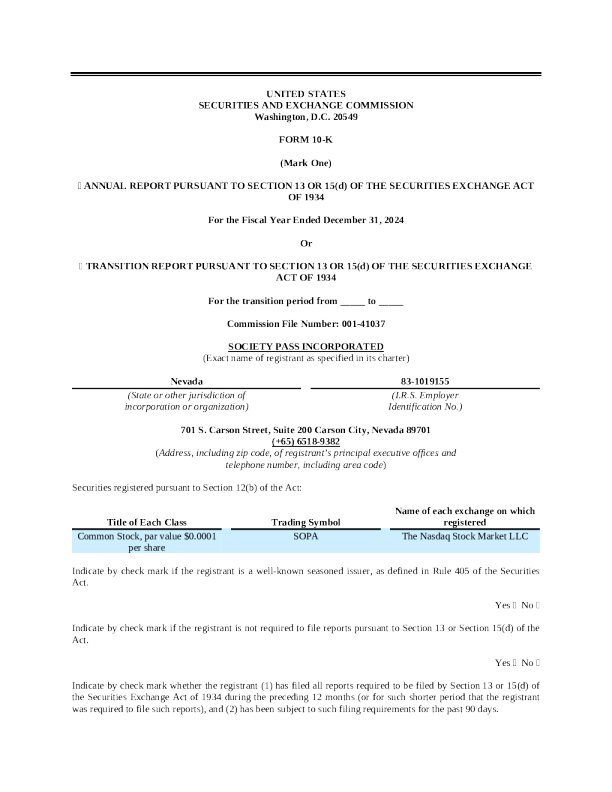 Society Pass Inc 2024年度报告