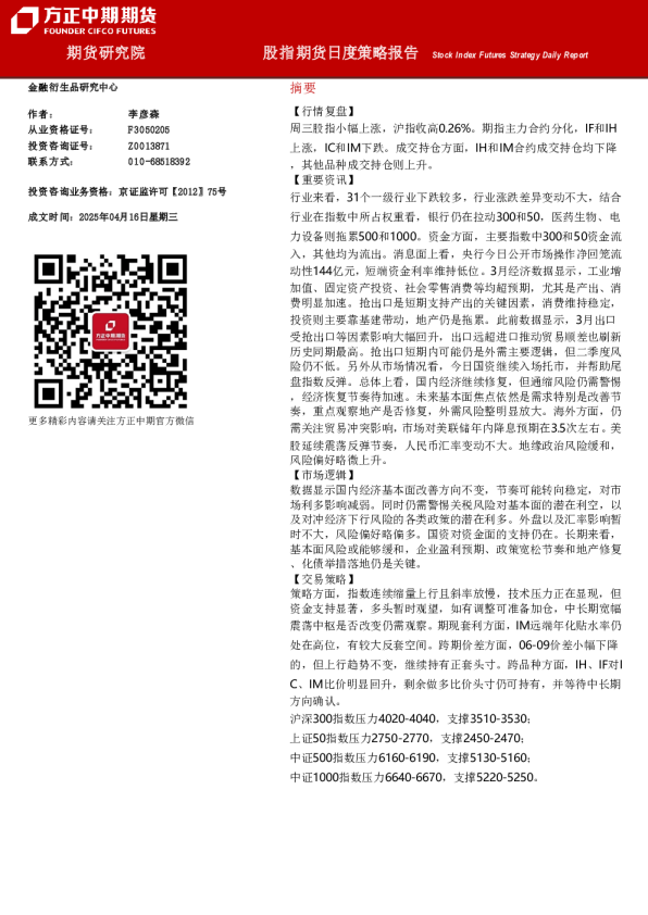 股指期货日度策略报告