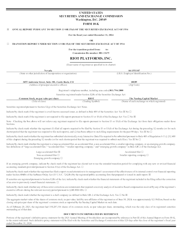 Riot Platforms Inc 2024年度报告