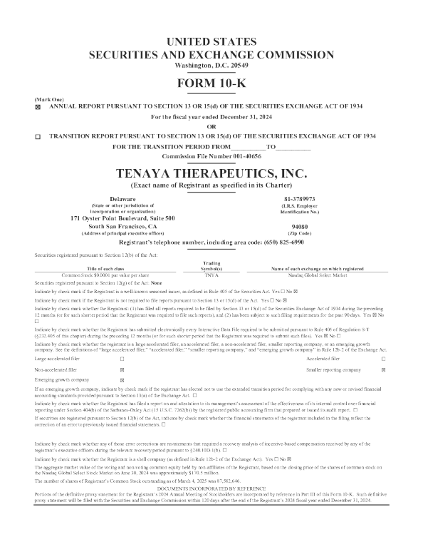 Tenaya Therapeutics Inc 2024年度报告
