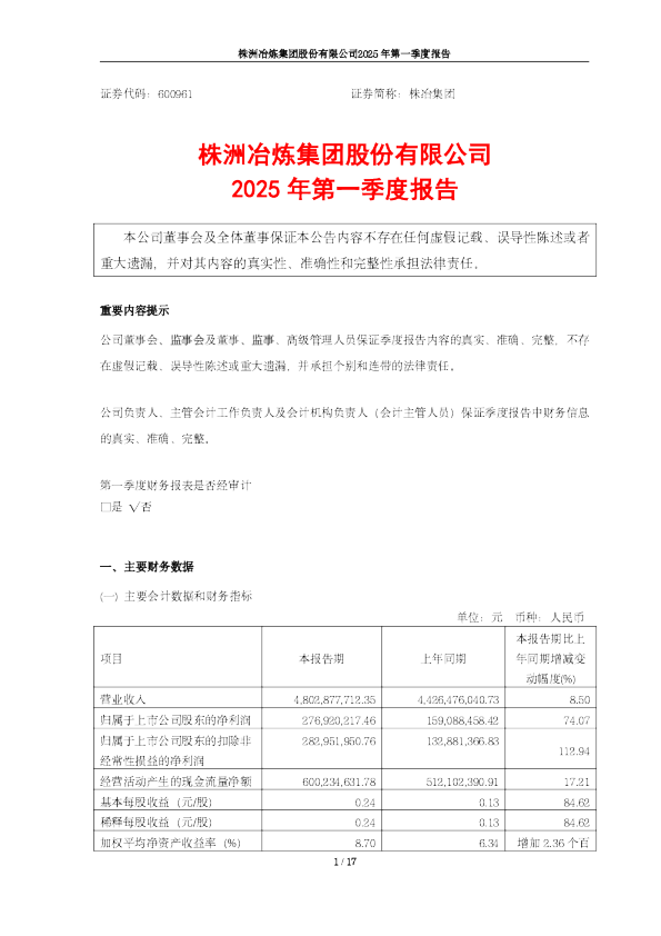 株冶集团2025年第一季度报告