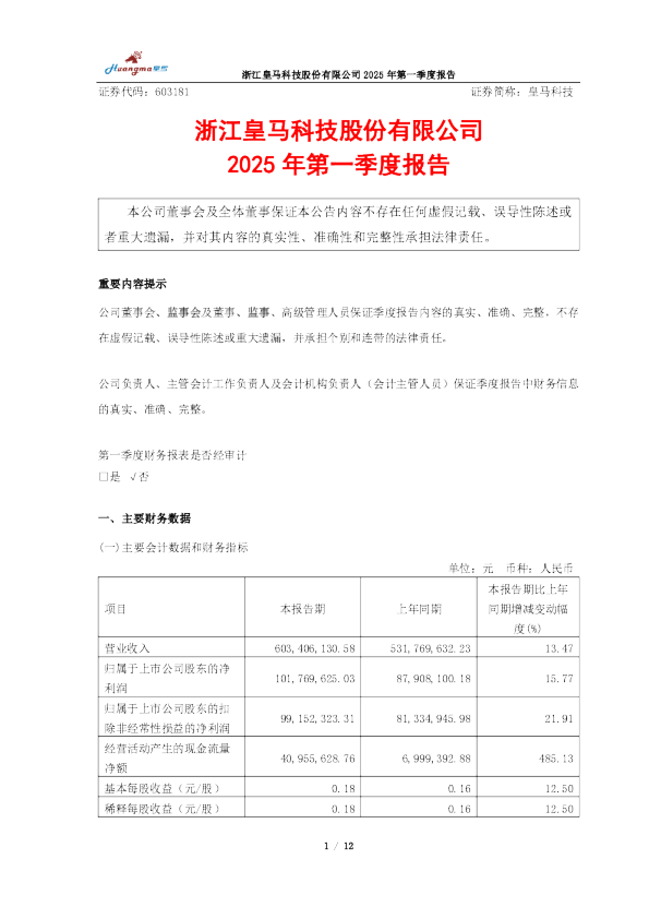 皇马科技：皇马科技2025年第一季度报告