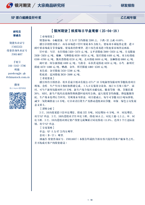 SP漂白硫酸盐针叶浆