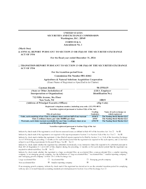 农业与自然解决方案收购公司-A 2024年度报告