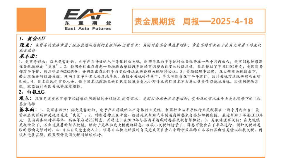 贵金属期货周报