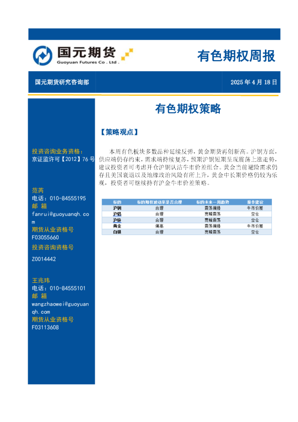 有色期权周报：有色期权策略