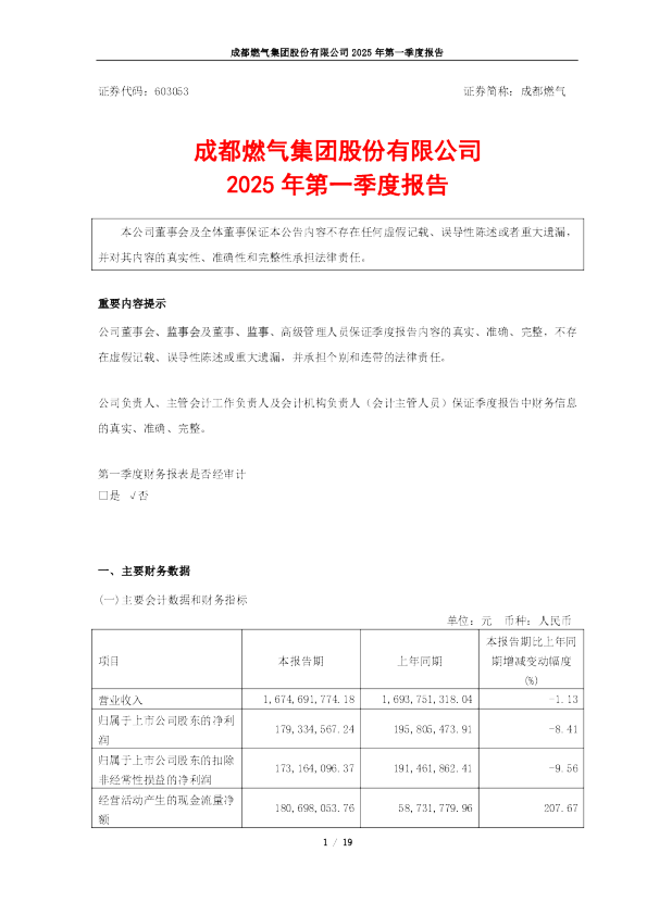 成都燃气2025年第一季度报告