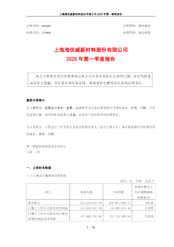 海优新材：2025年第一季度报告