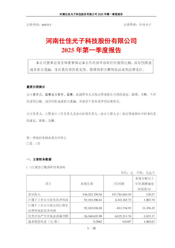 仕佳光子：2025年第一季度报告